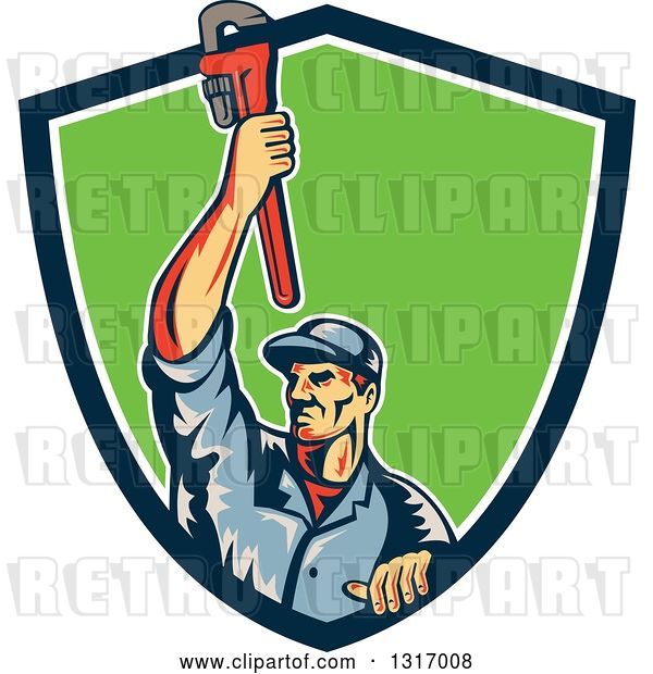 Vector Clip Art of Retro White Male Plumber Holding up a Monkey Wrench and Emerging from a Blue White and Green Shield