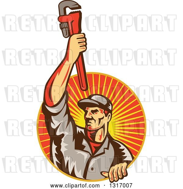 Vector Clip Art of Retro White Male Plumber Holding up a Monkey Wrench and Emerging from a Sunset Ray Circle
