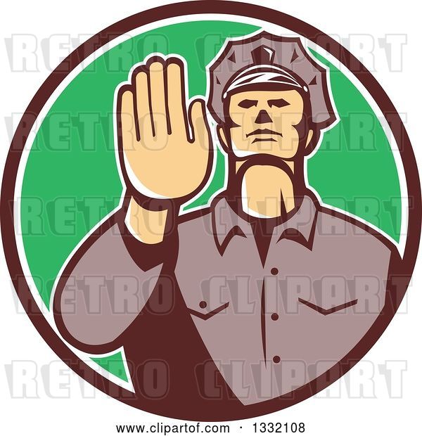 Vector Clip Art of Retro White Male Police Officer Gesturing Stop with His Hand Inside a Brown White and Green Circle