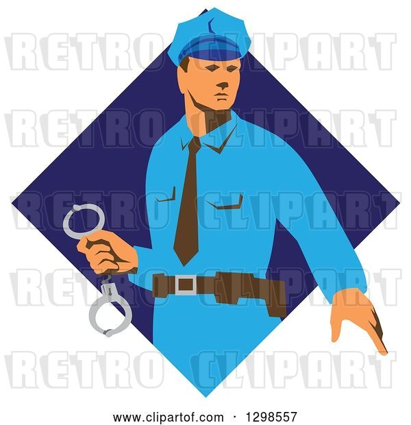 Vector Clip Art of Retro White Male Police Officer Holding Cuffs in a Blue Diamond