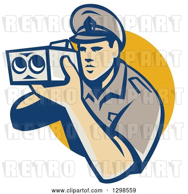 Vector Clip Art of Retro White Male Police Officer Using a Speed Radar Camara and Emerging from a Yellow Circle