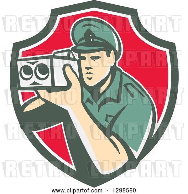 Vector Clip Art of Retro White Male Police Officer Using a Speed Radar Camara in Green White and Red Shield