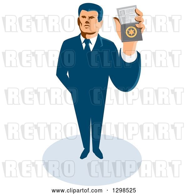 Vector Clip Art of Retro White Male Secret Agent Holding up an Id Badge