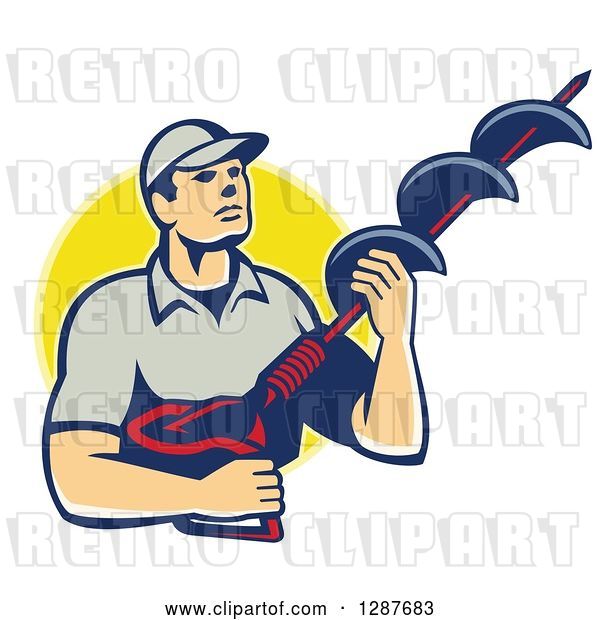 Vector Clip Art of Retro White Male Worker Holding a Hole Driller over a Yellow Circle