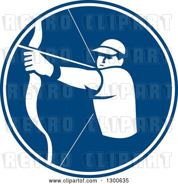 Vector Clip Art of Retro White Silhouetted Archer Aiming a Bow and Arrow in a Blue Circle