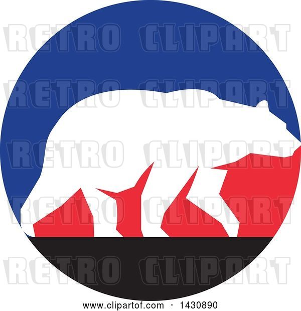 Vector Clip Art of Retro White Silhouetted Grizzly Bear Walking in a Blue, Red and Black Circle
