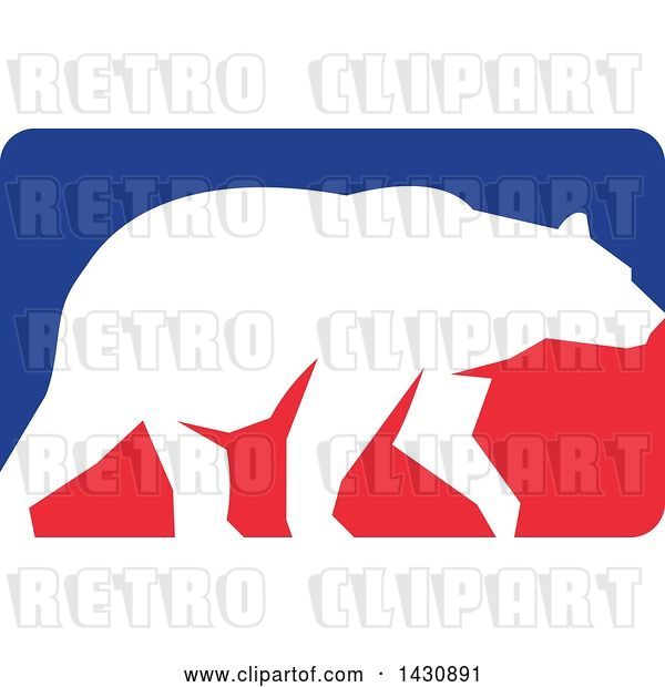 Vector Clip Art of Retro White Silhouetted Grizzly Bear Walking in a Red and Blue Rectangle
