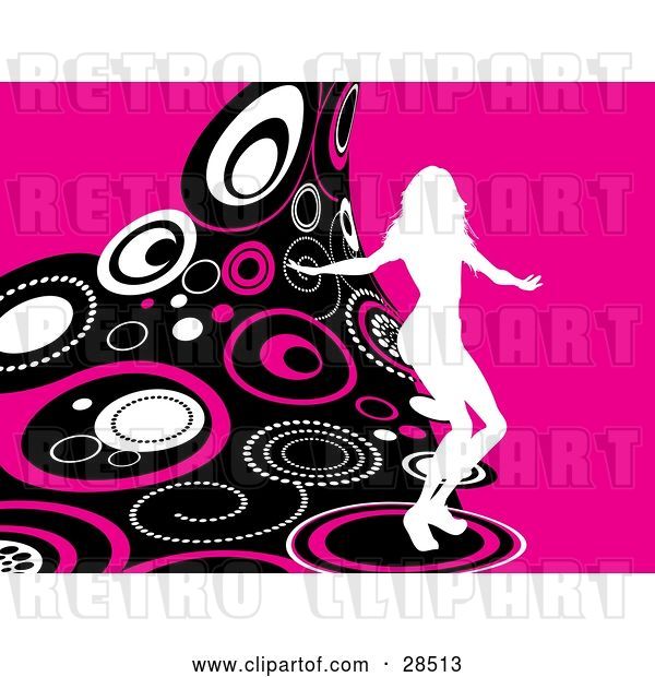 Vector Clip Art of Retro White Silhouetted Lady Dancing on a Wave of Pink, Circles over a Pink Background