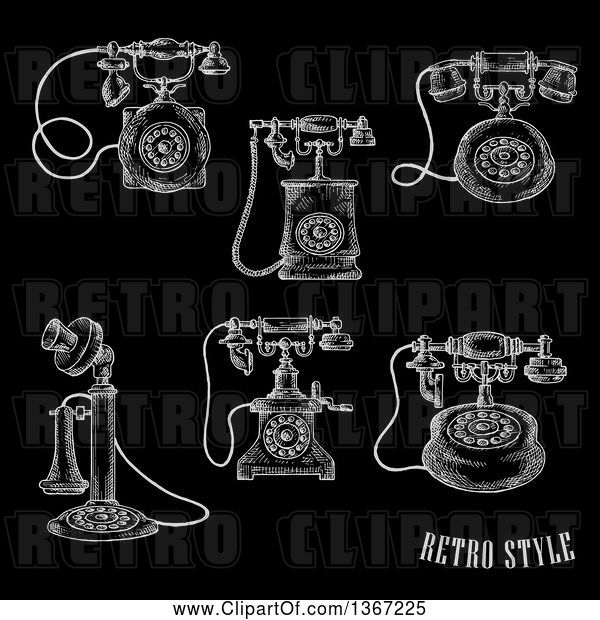 Vector Clip Art of Retro White Sketched Antique Telephones on Black