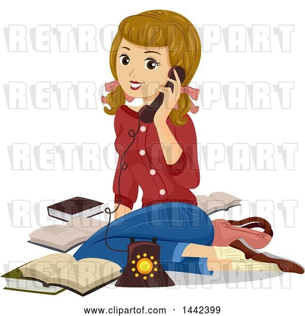 Vector Clip Art of Retro White Teenage Girl Sitting on the Floor and Talking on the Phone