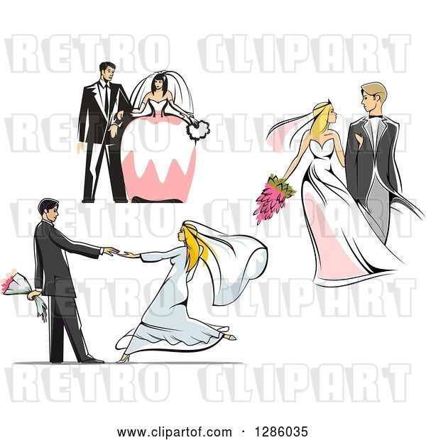Vector Clip Art of Retro White Wedding Couples Standing, Walking and Dancing