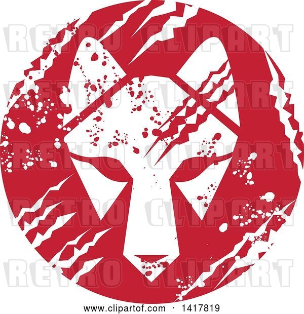 Vector Clip Art of Retro White Wolf Head in a Red Scratched Grungy Circle