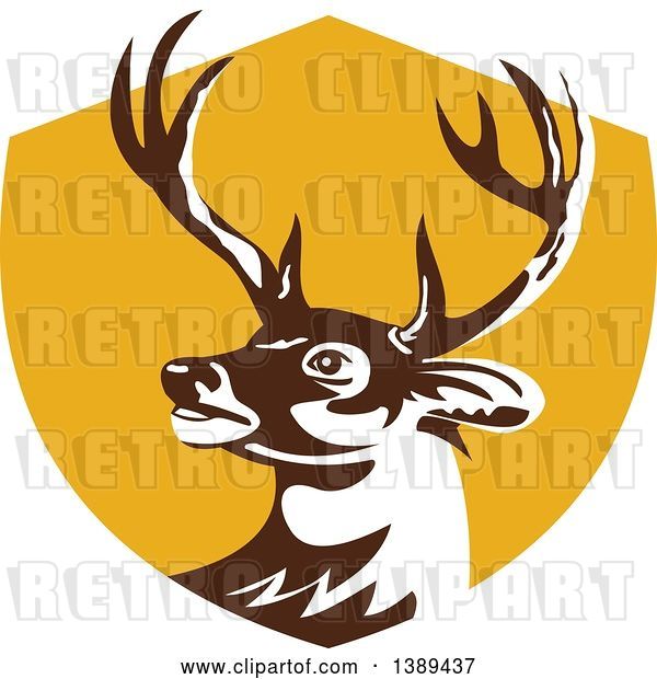 Vector Clip Art of Retro Whitetail Deer Buck Head in a Yellow Shield