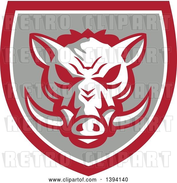 Vector Clip Art of Retro Wild Boar Head in a Gray Red and White Shield