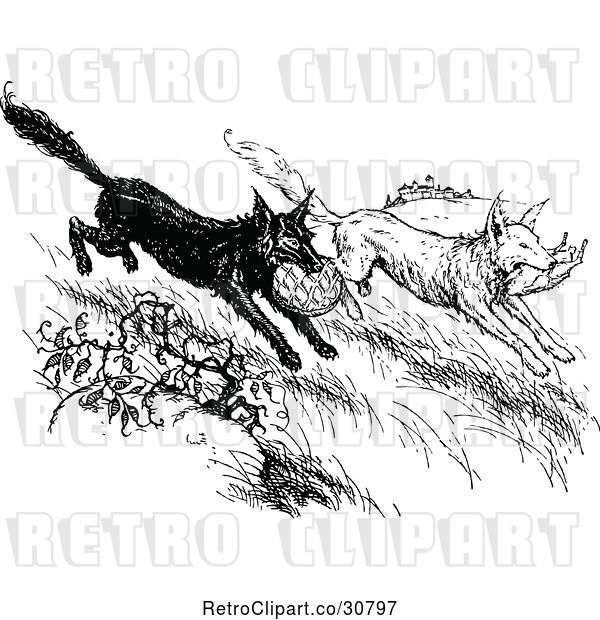 Vector Clip Art of Retro Wild Dogs Stealing Food