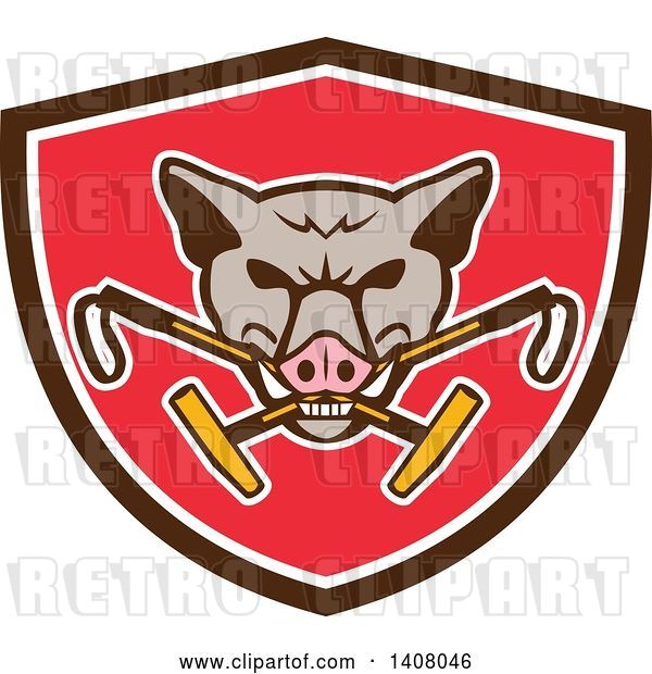 Vector Clip Art of Retro Wild Hog Boar Head Biting Crossed Polo Mallets in a Brown White and Red Shield