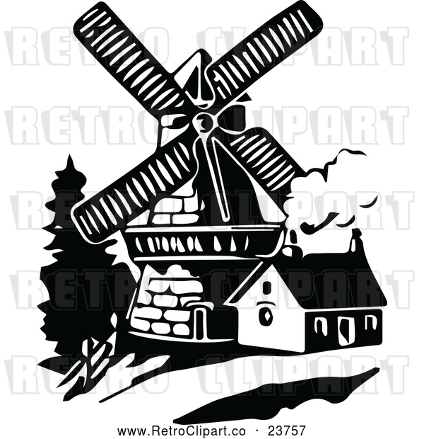 Vector Clip Art of Retro Windmill and House