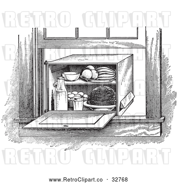 Vector Clip Art of Retro Window Box Refrigerator in Black and White