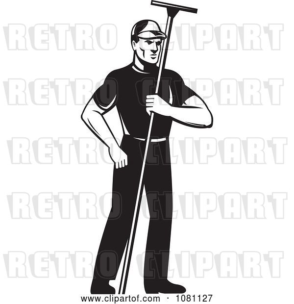 Vector Clip Art of Retro Window Washer Holding a Squeegee