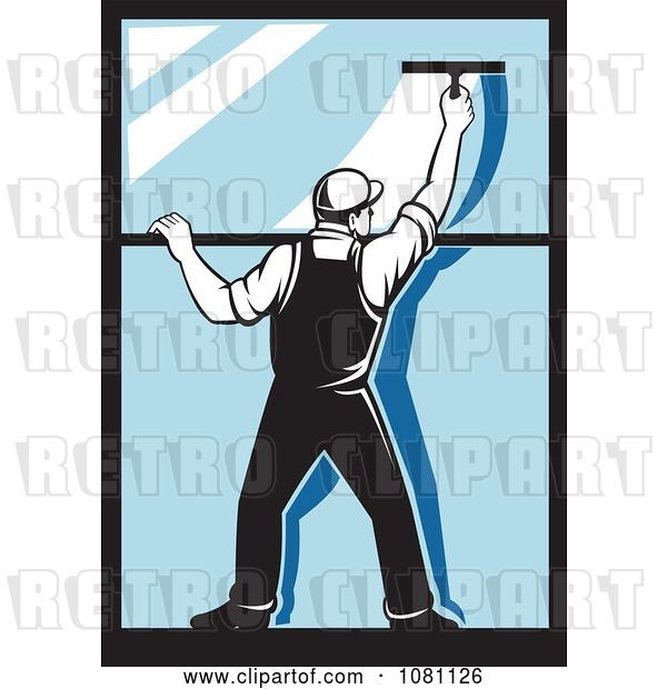 Vector Clip Art of Retro Window Washer Using a Squeegee