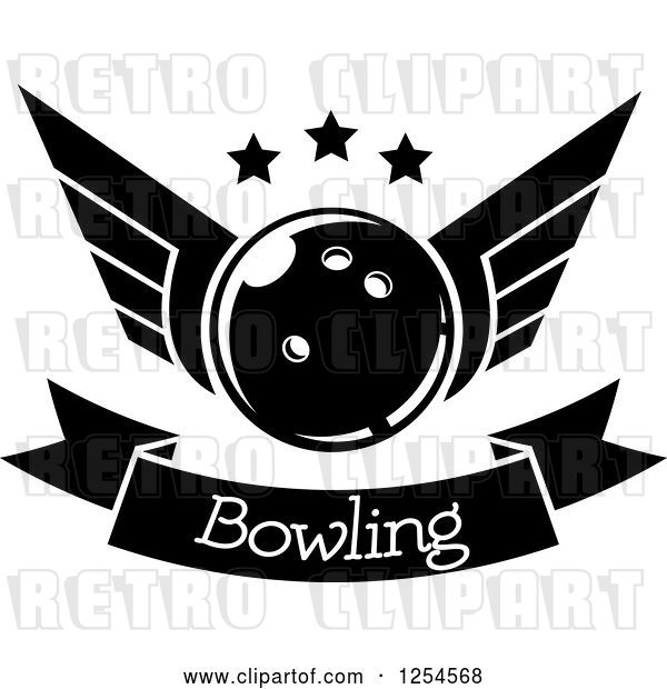 Vector Clip Art of Retro Winged Bowling Ball with Stars over a Banner