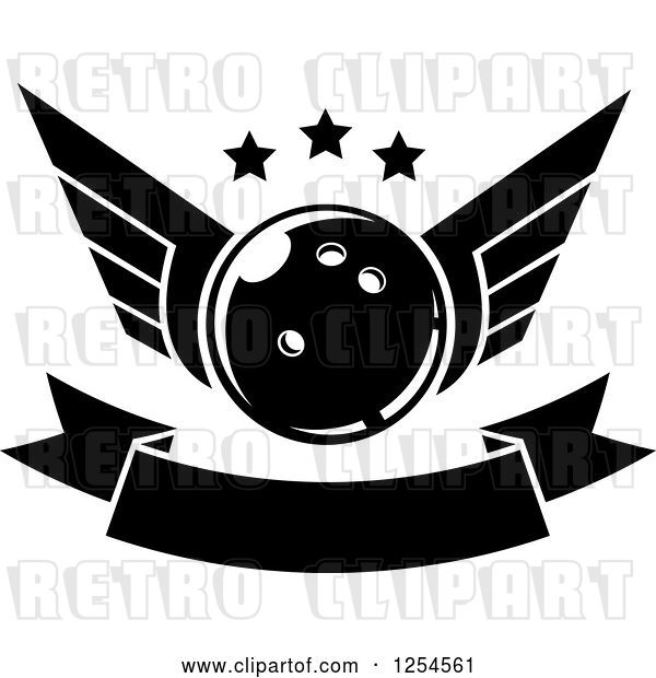Vector Clip Art of Retro Winged Bowling Ball with Stars over a Blank Banner