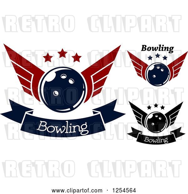 Vector Clip Art of Retro Winged Bowling Balls with Stars and Banners