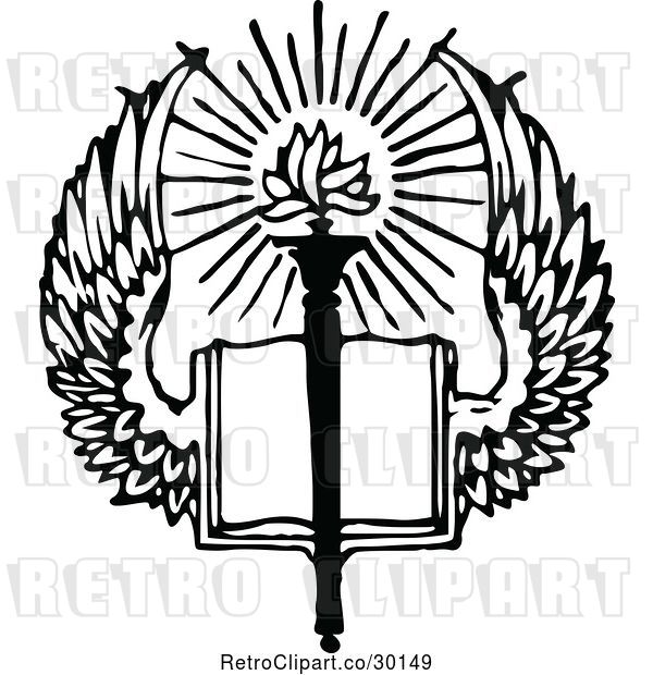Vector Clip Art of Retro Winged Open Holy Bible Book and Torch