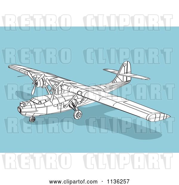 Vector Clip Art of Retro Wireframe Catalina Airplane on Blue