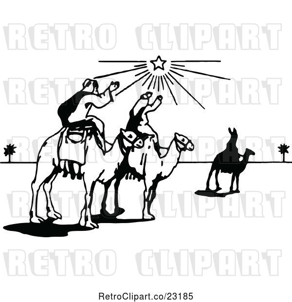 Vector Clip Art of Retro Wise Men on Camels Under the North Star
