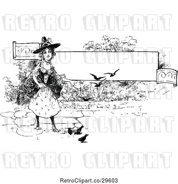 Vector Clip Art of Retro Witch and Birds by a Banner