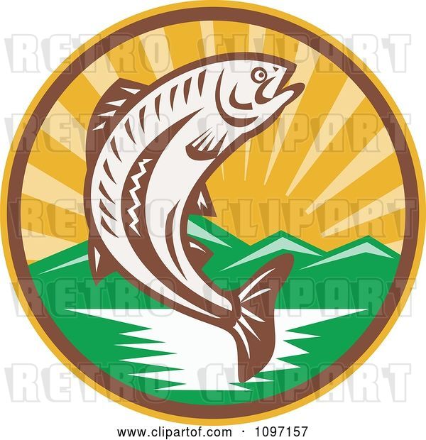 Vector Clip Art of Retro Wodcut Trout Fish Jumping over a River