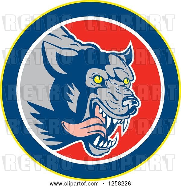 Vector Clip Art of Retro Wolf Attacking and Running in a Yellow Blue White and Red Circle