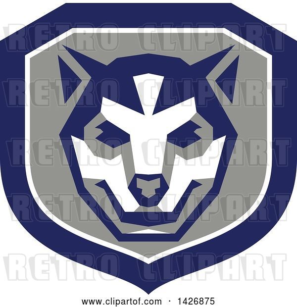 Vector Clip Art of Retro Wolf Cub Head in a Gray White and Blue Shield
