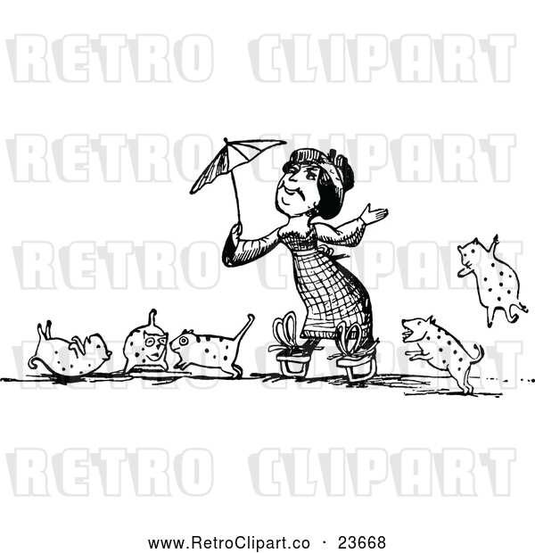 Vector Clip Art of Retro Woma Holding an Umbrella, Surrounded by Her Cats
