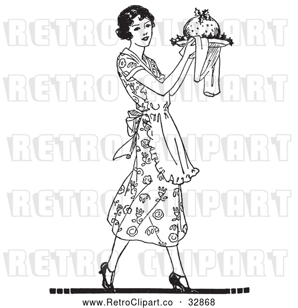 Vector Clip Art of Retro Woman Carrying Plum Pudding on a Plate
