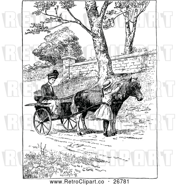 Vector Clip Art of Retro Woman Girl and Horse Drawn Cart