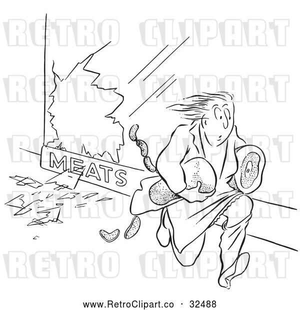 Vector Clip Art of Retro Woman Stealing Meat Black and White