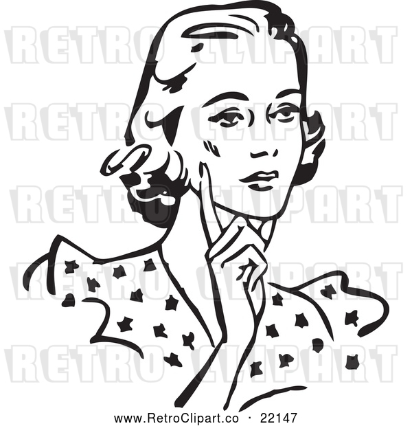 Vector Clip Art of Retro Woman Touching Her Cheek and Looking Concerned