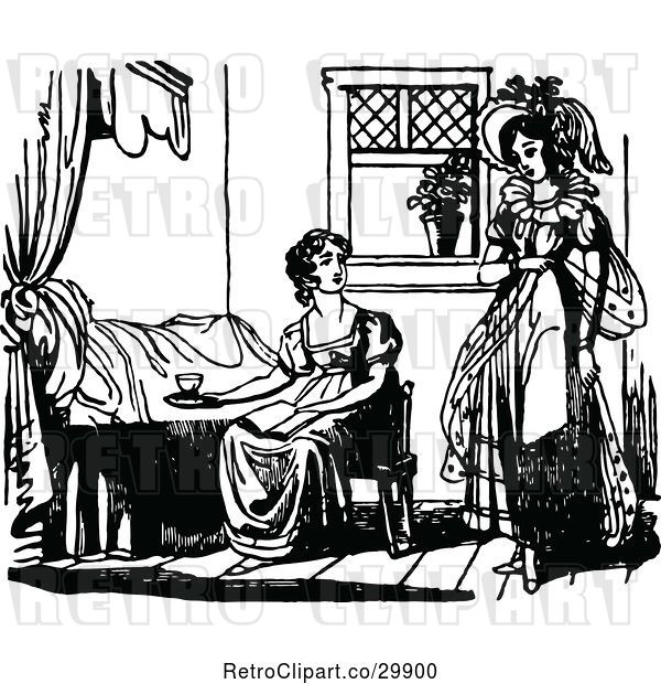 Vector Clip Art of Retro Women at Someones Bed Side