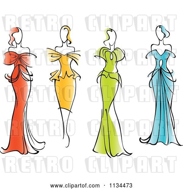 Vector Clip Art of Retro Women in Gorgeous Gowns and Dresses