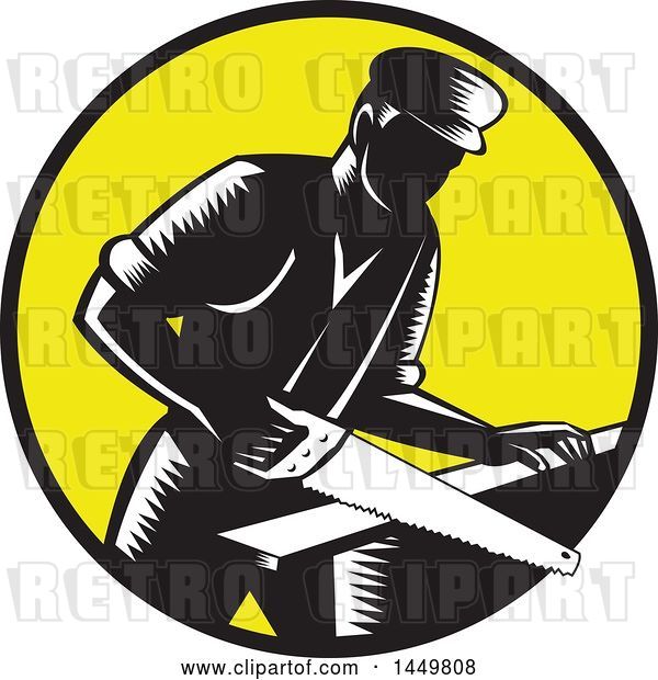 Vector Clip Art of Retro Woodcut 19th Century Carpenter Sawing Wood in a Yellow Circle