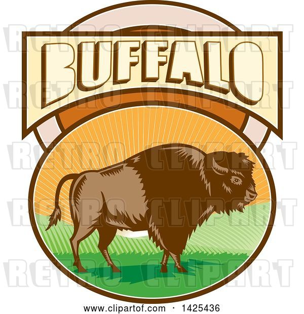 Vector Clip Art of Retro Woodcut American Bison in an Oval with Hills and Sun Rays Under Buffalo Text
