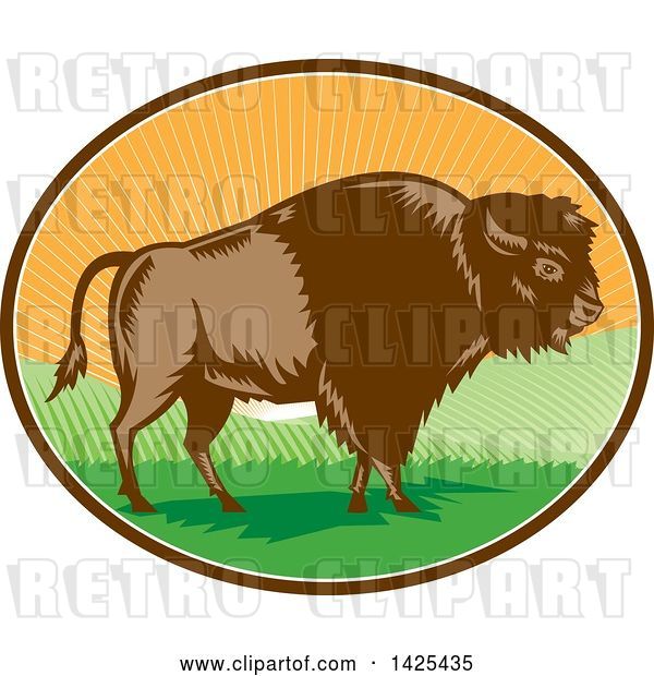 Vector Clip Art of Retro Woodcut American Buffalo Bison in an Oval with Hills and Sun Rays