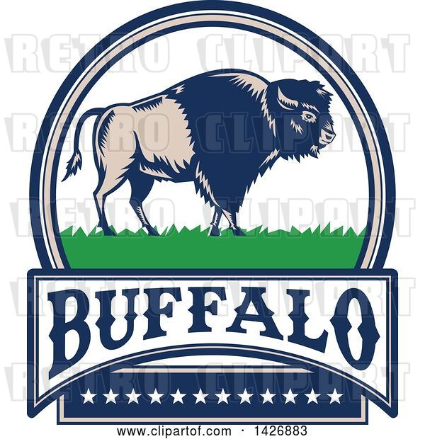 Vector Clip Art of Retro Woodcut American Buffalo Bison on Grass in an Oval with Text and Stars