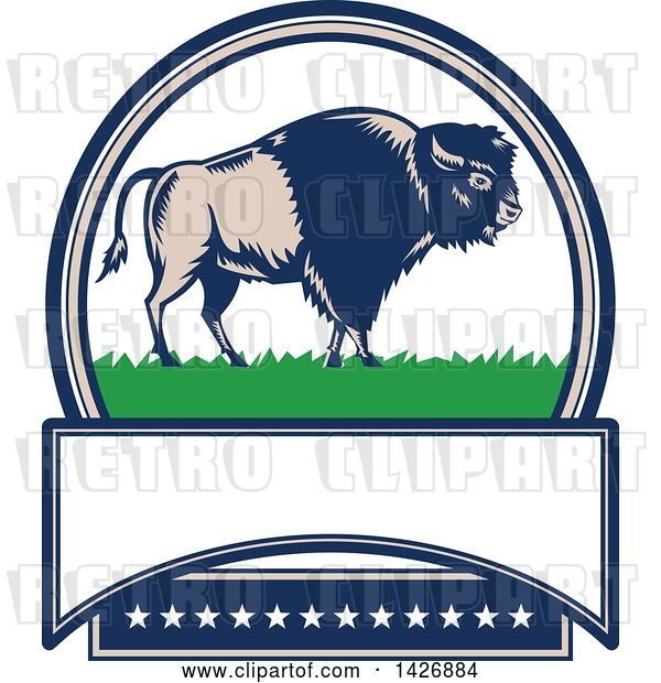 Vector Clip Art of Retro Woodcut American Buffalo Bison on Grass in an Oval with Text Space and Stars