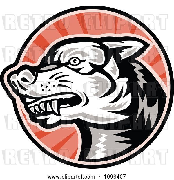 Vector Clip Art of Retro Woodcut Angry Dog over Red Rays