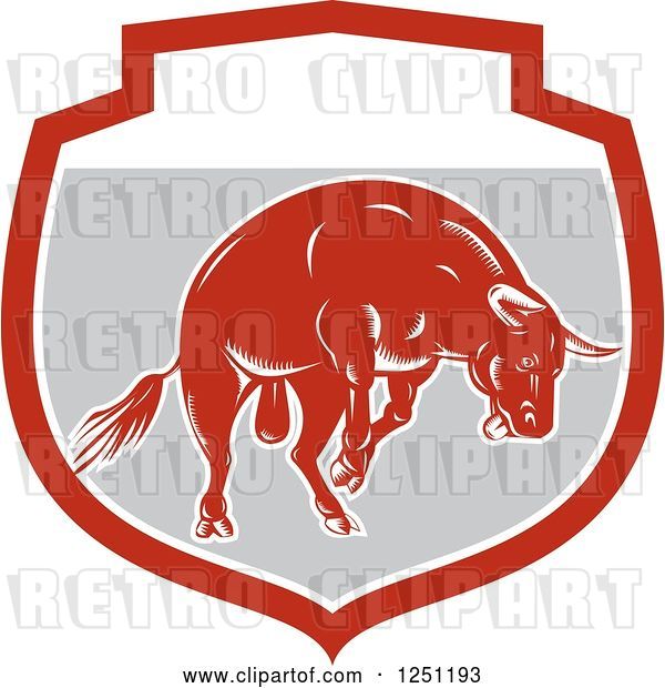Vector Clip Art of Retro Woodcut Angry Red Bull in a Gray Shield