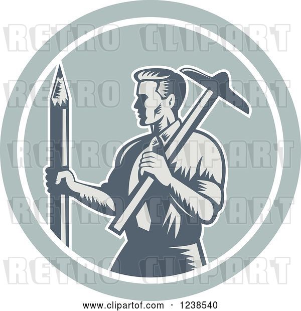 Vector Clip Art of Retro Woodcut Architect Holding a T Square and Pencil in a Circle