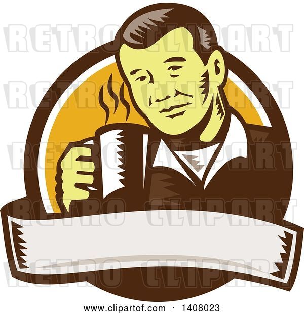 Vector Clip Art of Retro Woodcut Asian Guy Holding a Hot Cup of Coffee, Emerging from a Brown White and Orange Circle with a Banner
